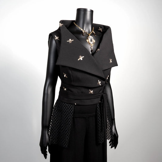Black vest with embroidered bees and mesh lace Eloise the label