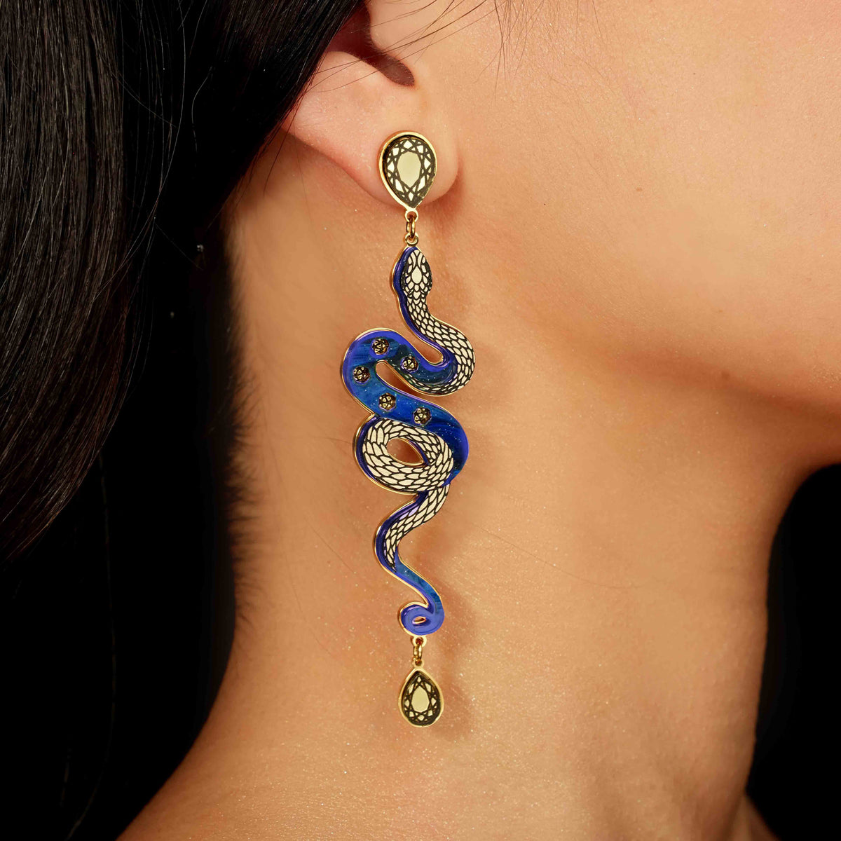 Medusa Snake Earrings - Sapphire Blue And Gold