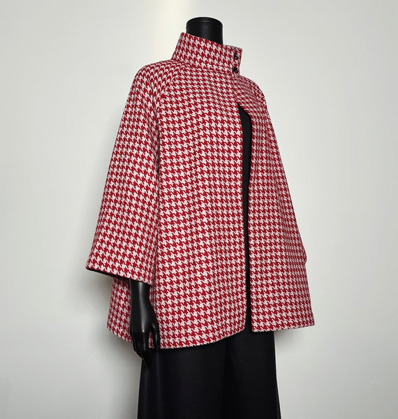 Red houndstooth swing coat winter wool jacket evening coat stylish clothing handmade in melbourne classy elegant clothing timeless pieces timeless clothing classic style unique clothing unique style ageless style luxe fabrics statement clothing statement style clothing womens clothing made in australia eloise the label