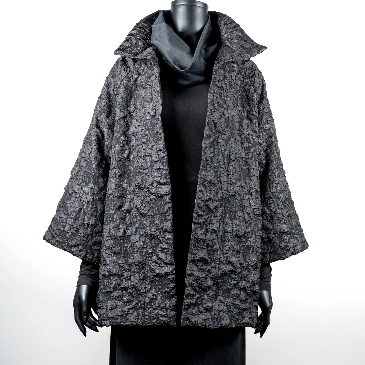 Gothic style black crinkle jacquard coat with high stand up collar evening coat chunky silver statement necklace made in Melbourne Eloise the label