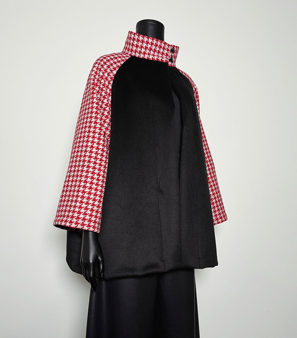 Red houndstooth swing coat winter wool jacket evening coat stylish clothing handmade in melbourne classy elegant clothing timeless pieces timeless clothing classic style unique clothing unique style ageless style luxe fabrics statement clothing statement style clothing womens clothing made in australia eloise the label
