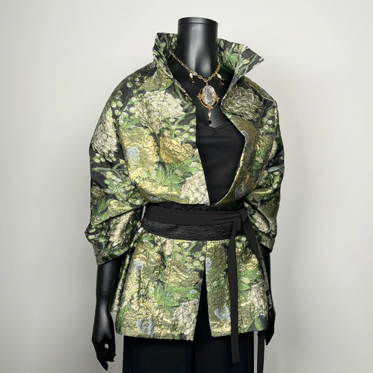 brocade evening coat jacket in green and gold organza stand up collar glamorous style black obi belt event wear made in Melbourne Eloise the label