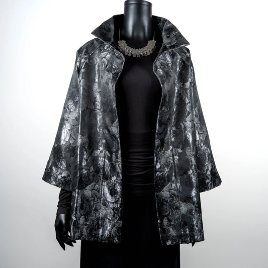 Grey floral jacquard coat evening coat stand up collar chunky silver statement necklace made in Melbourne Eloise the label