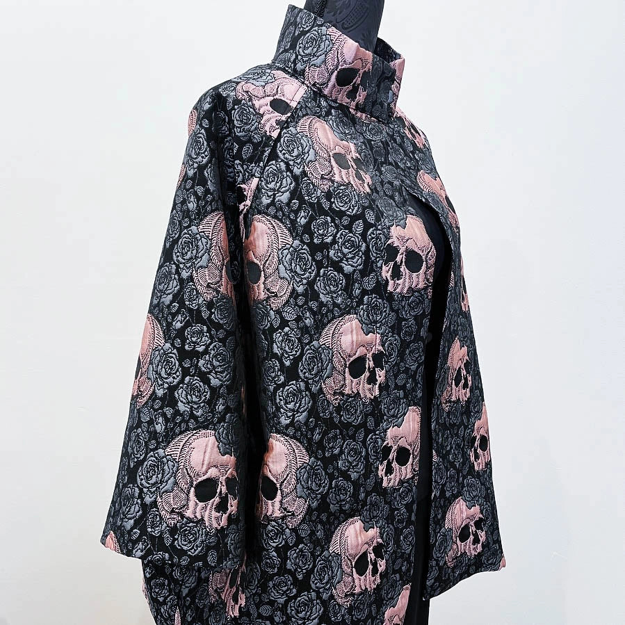 skulls and roses vest jacquard brocade vest ladies apparel stylish clothing handmade in melbourne classy elegant clothing timeless pieces timeless clothing classic style unique clothing unique style ageless style luxe fabrics statement clothing statement style evening style clothing floral vest stand up collar womens clothing made in australia eloise the label