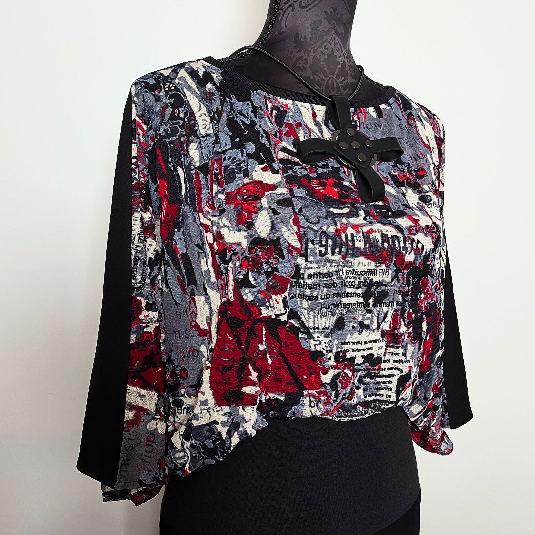 graffiti print black mesh top 3/4 length batwing sleeves melbourne made unique clothing timeless style gothic style eloise the label