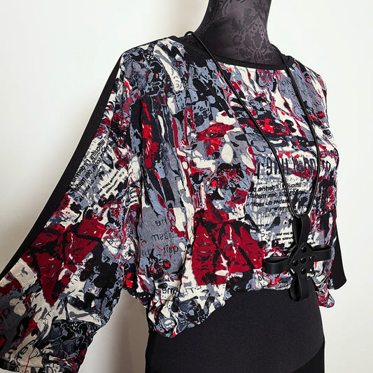 graffiti print black mesh top 3/4 length batwing sleeves melbourne made unique clothing timeless style gothic style eloise the label