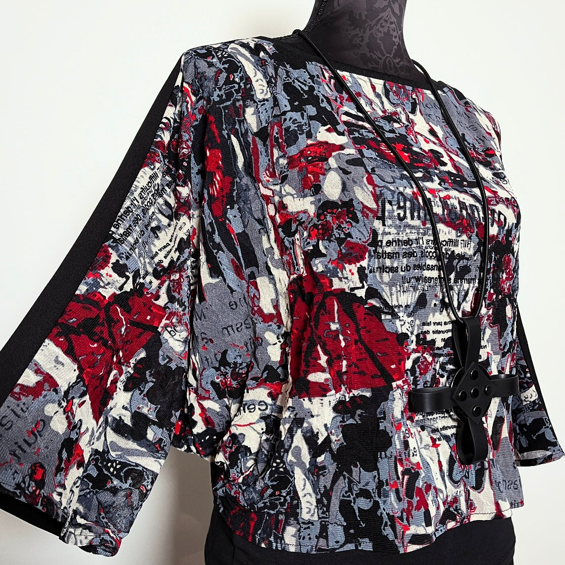 graffiti print black mesh top 3/4 length batwing sleeves melbourne made unique clothing timeless style gothic style eloise the label