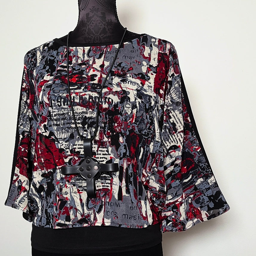 graffiti print black mesh top 3/4 length batwing sleeves melbourne made unique clothing timeless style gothic style eloise the label