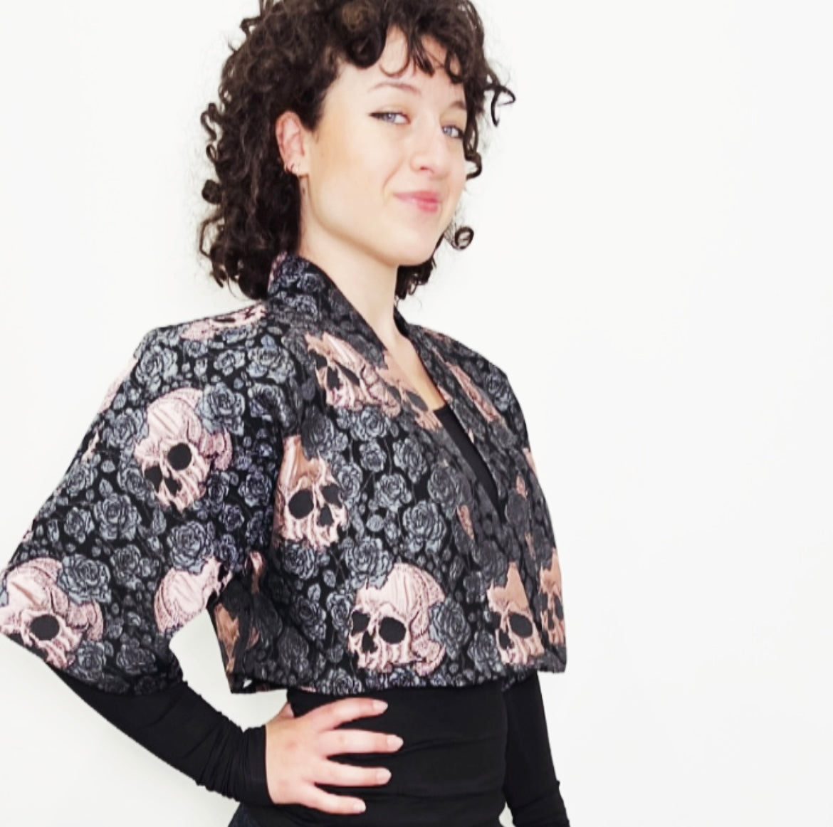Bolero jacket skulls and roses pink evening coat stylish clothing evening wear handmade in melbourne classy elegant clothing timeless clothing classic style unique clothing unique style ageless style luxe fabrics womens clothing made in melbourne australia eloise the label