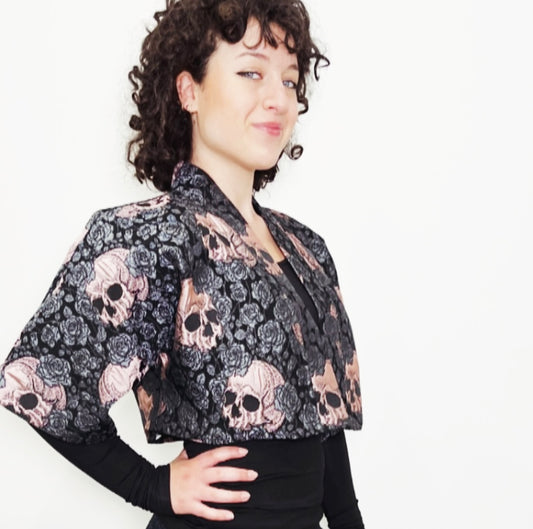 Bolero jacket skulls and roses pink evening coat stylish clothing evening wear handmade in melbourne classy elegant clothing timeless clothing classic style unique clothing unique style ageless style luxe fabrics womens clothing made in melbourne australia eloise the label