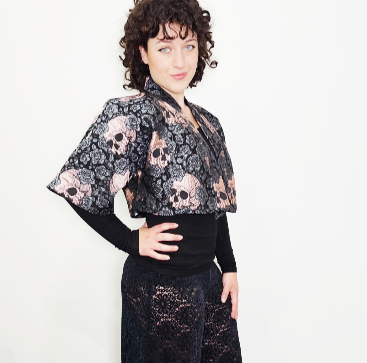 Bolero jacket skulls and roses pink evening coat stylish clothing evening wear handmade in melbourne classy elegant clothing timeless clothing classic style unique clothing unique style ageless style luxe fabrics womens clothing made in melbourne australia eloise the label