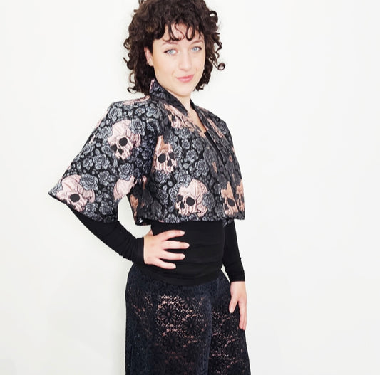 Bolero jacket skulls and roses pink evening coat stylish clothing evening wear handmade in melbourne classy elegant clothing timeless clothing classic style unique clothing unique style ageless style luxe fabrics womens clothing made in melbourne australia eloise the label