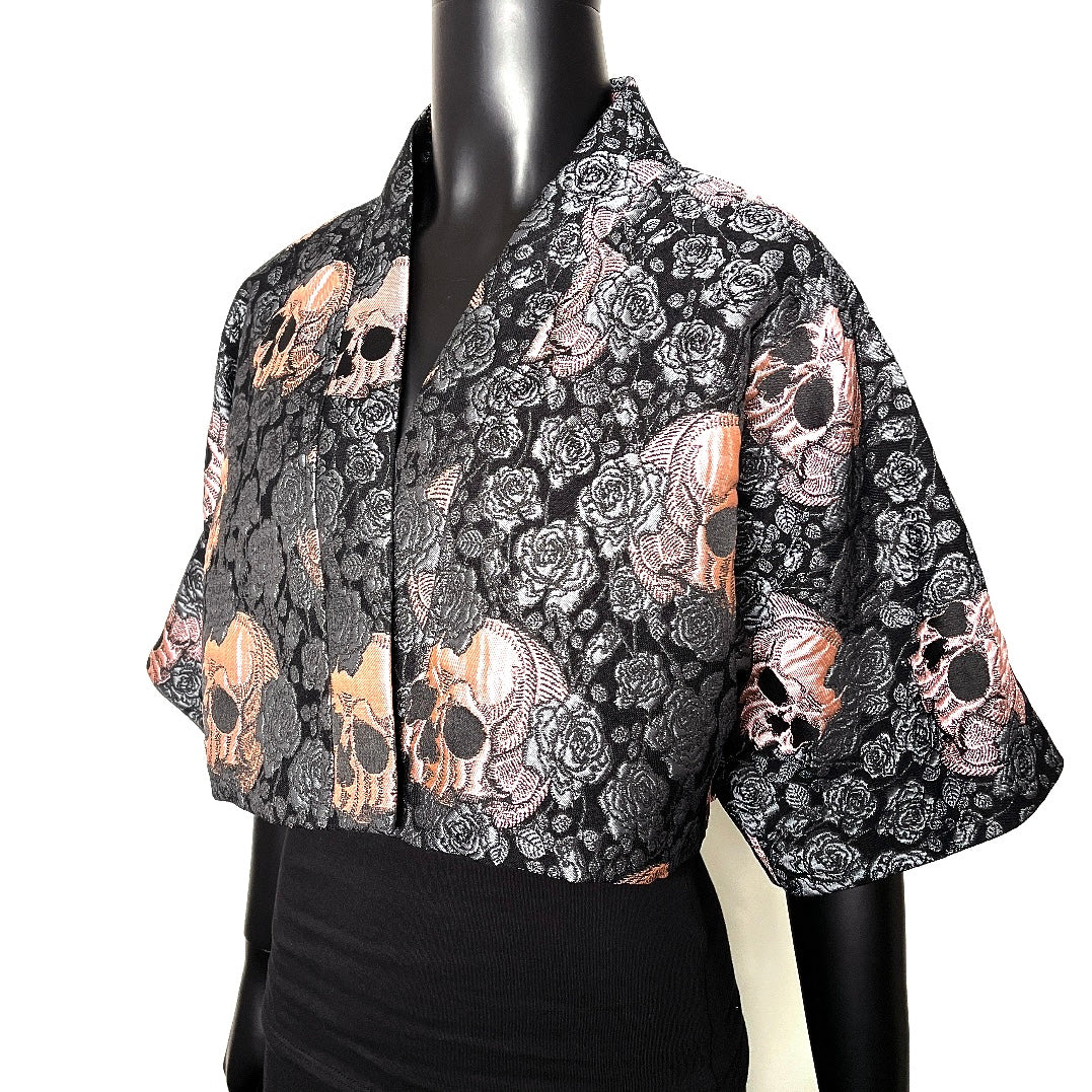Bolero jacket skulls and roses pink evening coat stylish clothing evening wear handmade in melbourne classy elegant clothing timeless clothing classic style unique clothing unique style ageless style luxe fabrics womens clothing made in melbourne australia eloise the label