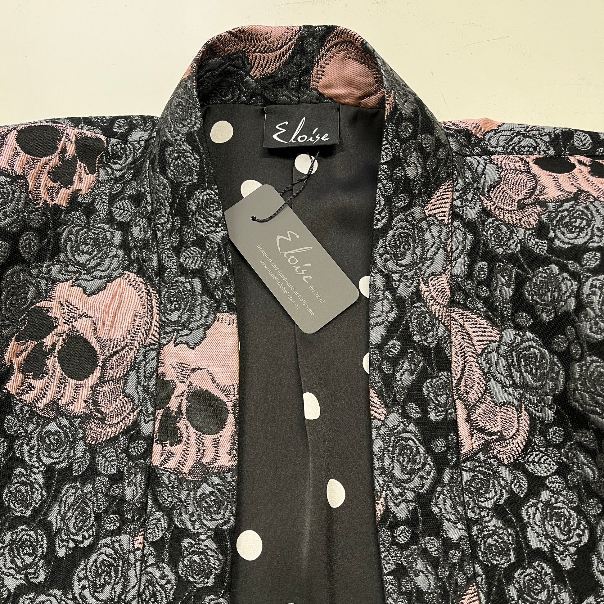 Bolero jacket skulls and roses pink evening coat stylish clothing evening wear handmade in melbourne classy elegant clothing timeless clothing classic style unique clothing unique style ageless style luxe fabrics womens clothing made in melbourne australia eloise the label