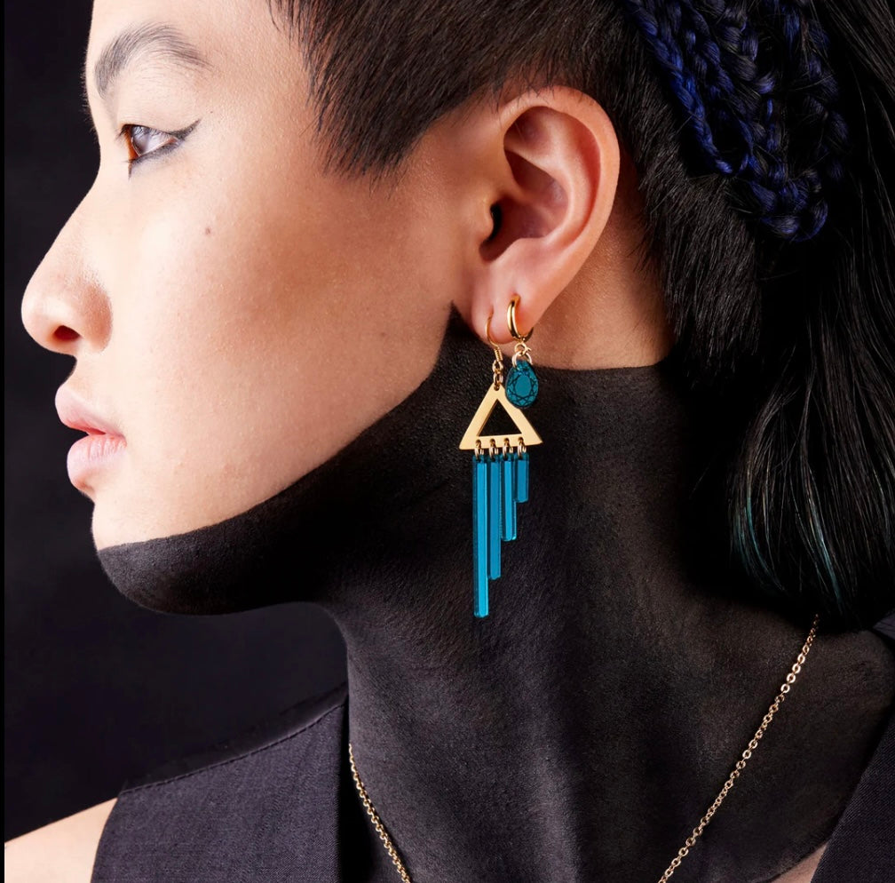 Gold and Teal Chimette Drop Earrings