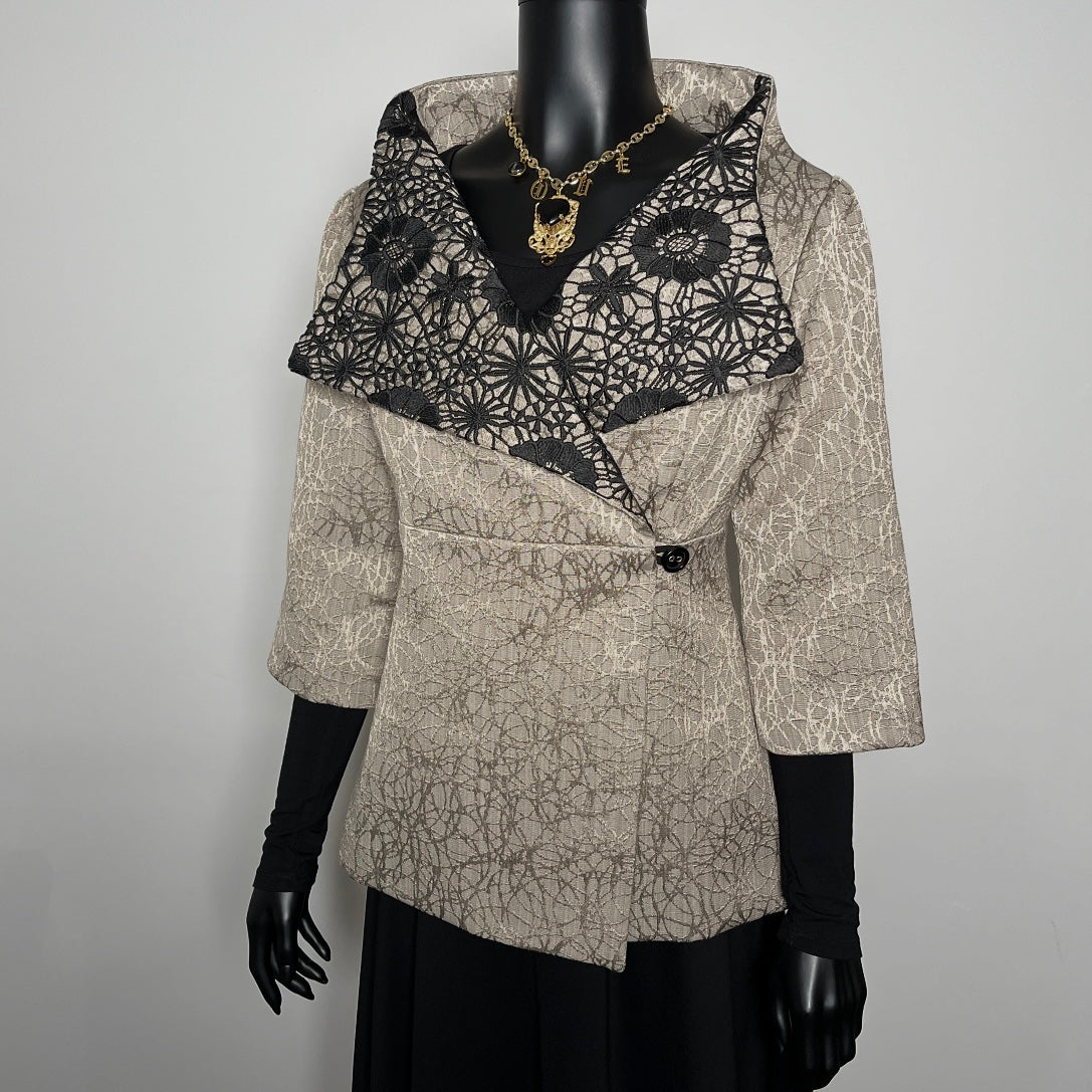 a jacquard patterned coat with a black lace overlay evening jacket melbourne made
