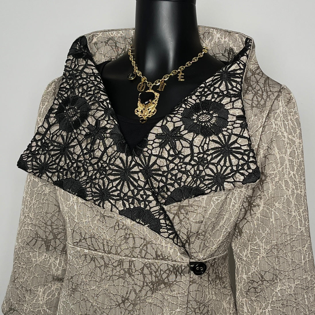 a jacquard patterned coat with a black lace overlay evening jacket melbourne made