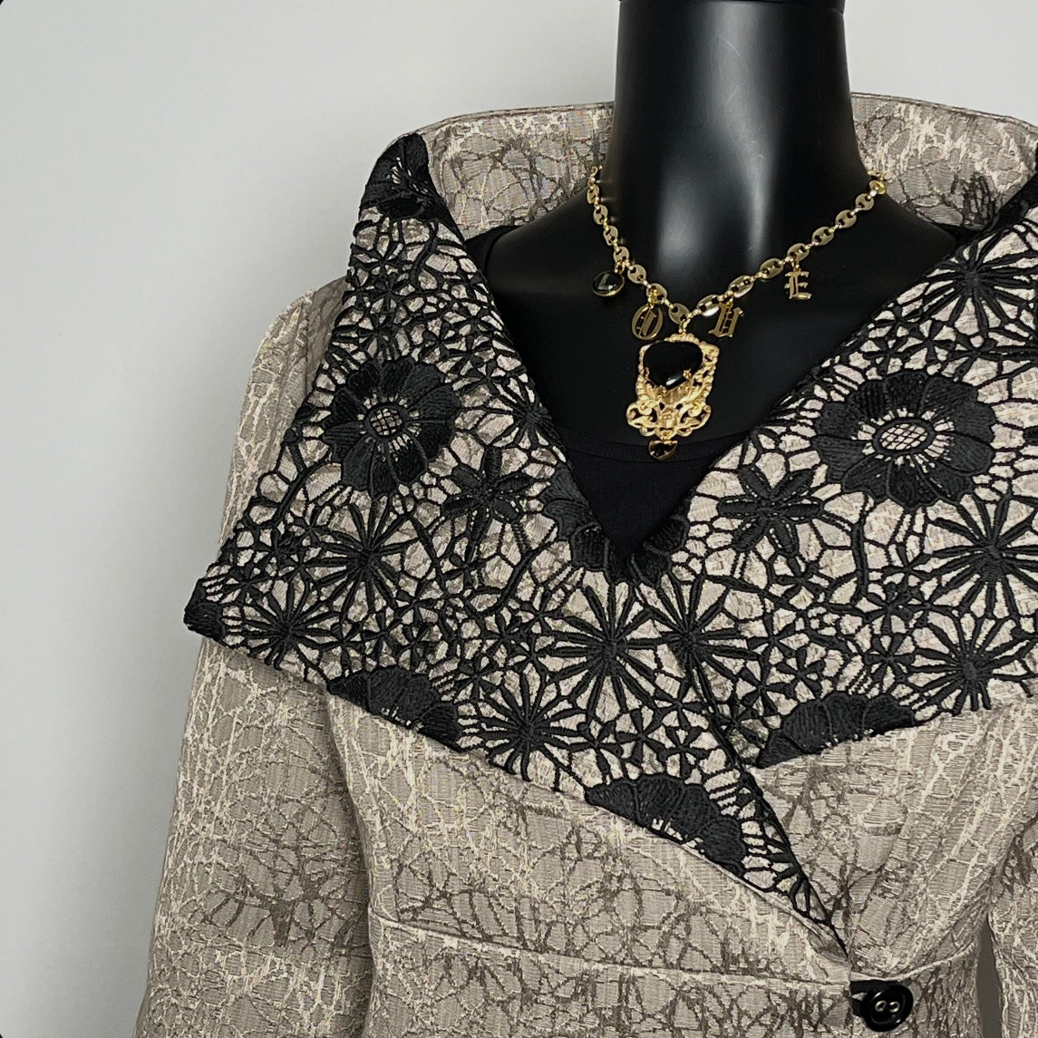 a jacquard patterned coat with a black lace overlay evening jacket melbourne made