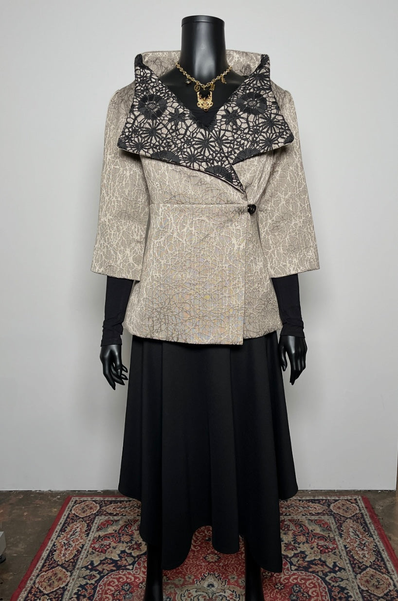 a jacquard patterned coat with a black lace overlay evening jacket melbourne made