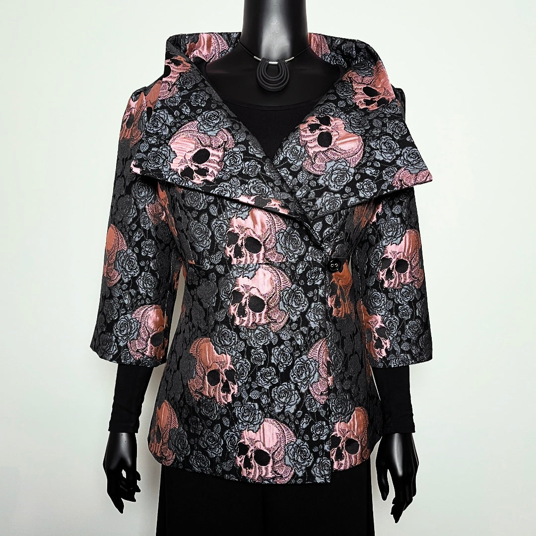 pink skulls and roses patterned jaquard jacket made in melbourne