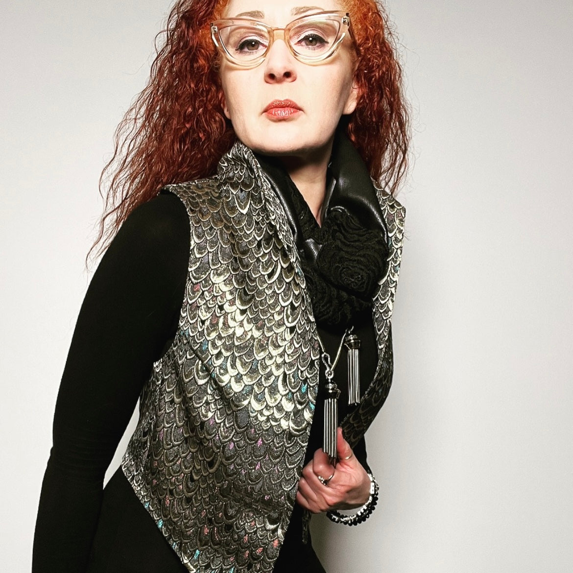 brocade scarf faux leather scarf lace scarf ladies apparel stylish clothing handmade in melbourne classy elegant clothing timeless pieces timeless clothing classic style unique clothing unique style ageless style luxe fabrics statement clothing statement style evening style clothing floral vest stand up collar womens clothing made in australia eloise the label