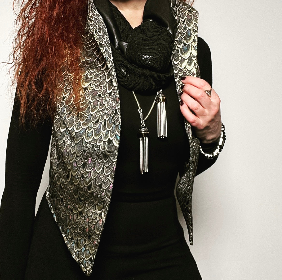 brocade scarf faux leather scarf lace scarf ladies apparel stylish clothing handmade in melbourne classy elegant clothing timeless pieces timeless clothing classic style unique clothing unique style ageless style luxe fabrics statement clothing statement style evening style clothing floral vest stand up collar womens clothing made in australia eloise the label