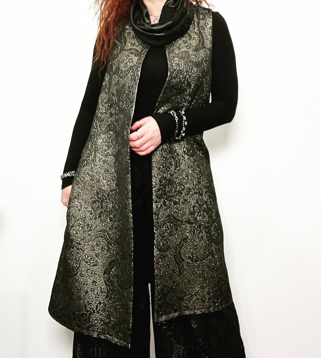 brocade scarf faux leather scarf lace scarf ladies apparel stylish clothing handmade in melbourne classy elegant clothing timeless pieces timeless clothing classic style unique clothing unique style ageless style luxe fabrics statement clothing statement style evening style clothing floral vest stand up collar womens clothing made in australia eloise the label