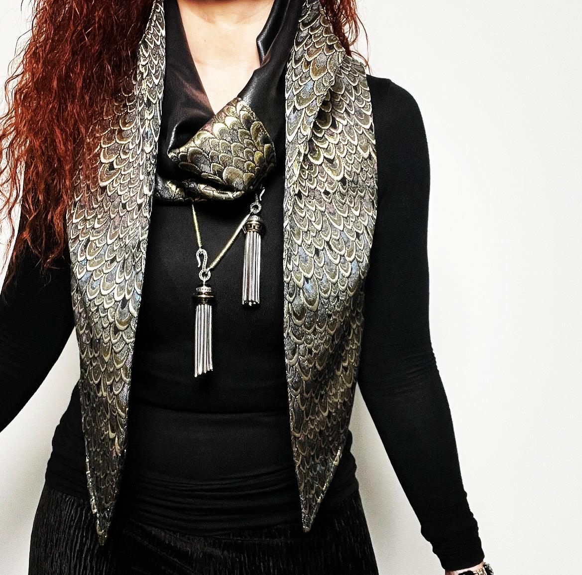 brocade scarf faux leather scarf ladies apparel stylish clothing handmade in melbourne classy elegant clothing timeless pieces timeless clothing classic style unique clothing unique style ageless style luxe fabrics statement clothing statement style evening style clothing floral vest stand up collar womens clothing made in australia eloise the label