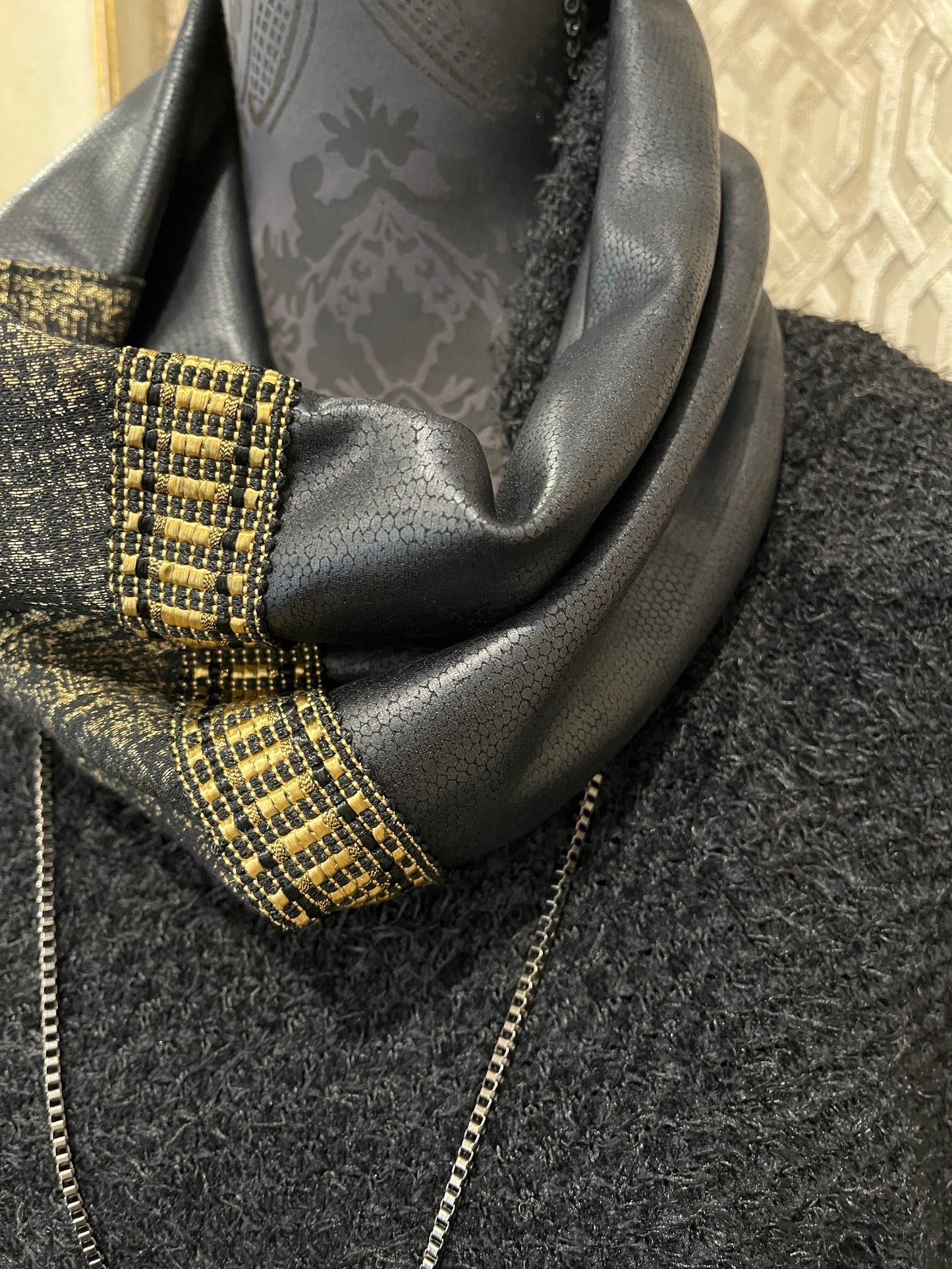 loop scarf infinity scarf faux leather scarf brocade scarf gold braid ladies apparel stylish clothing handmade in melbourne classy elegant clothing timeless pieces timeless clothing classic style unique clothing unique style ageless style luxe fabrics statement clothing statement style evening style clothing womens clothing made in australia eloise the label