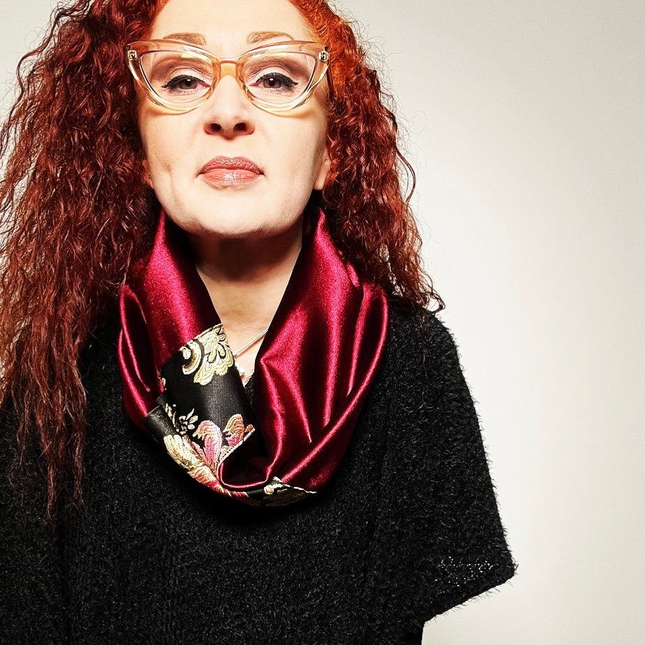 infinity scarf loop scarf burgandy red velvet brocade made in melbourne eloise the label
