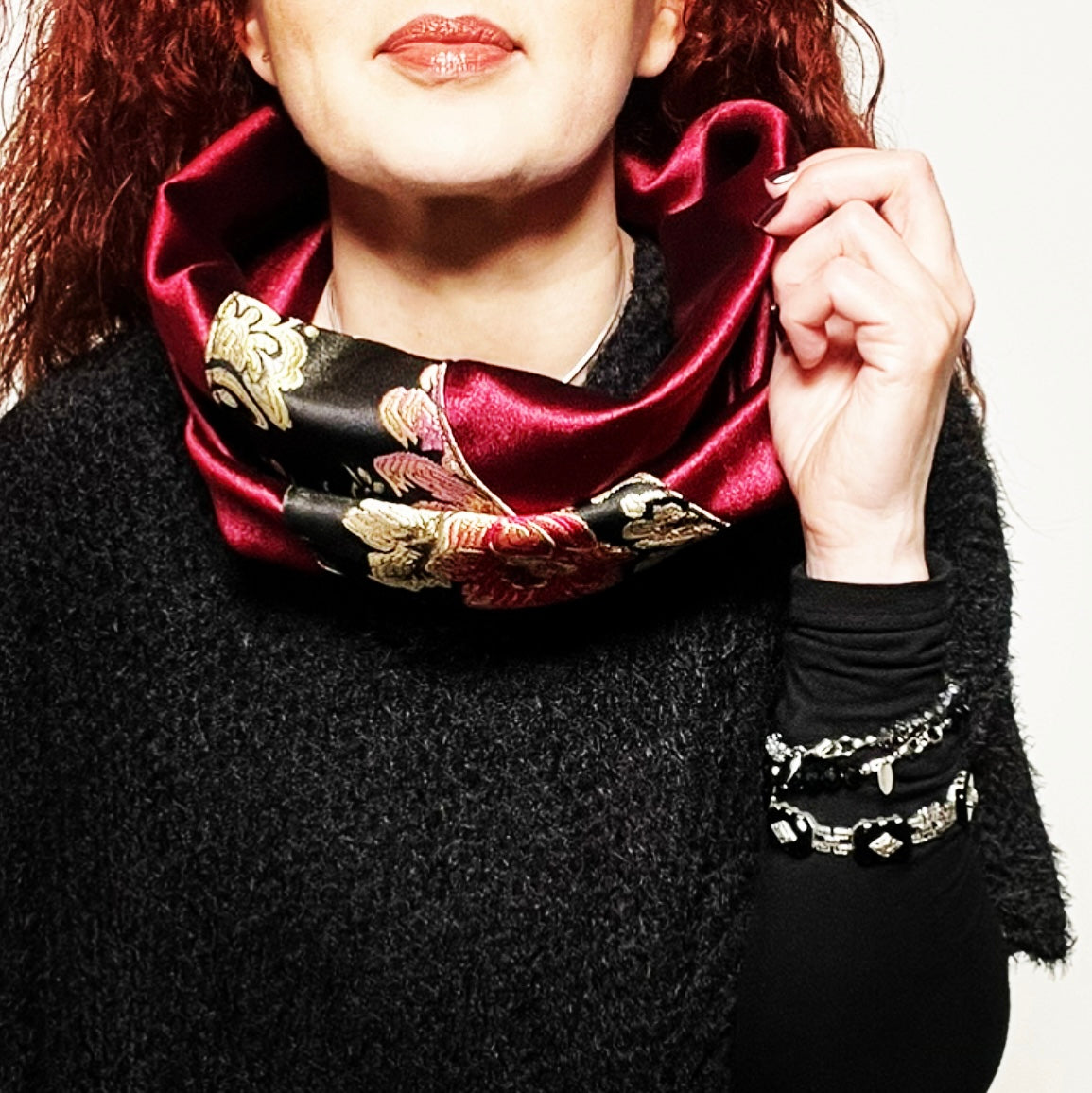 infinity scarf loop scarf burgandy red velvet brocade made in melbourne eloise the label