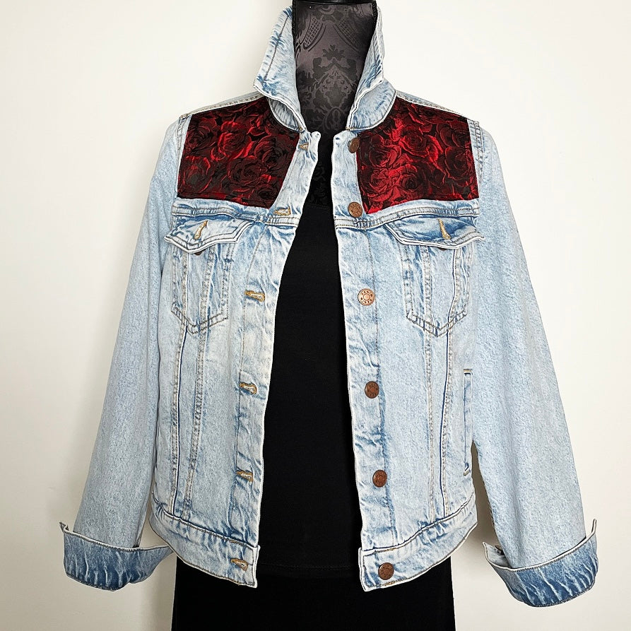 Upcycled denim jacket red roses floral sustainable fashion made in melbourne
