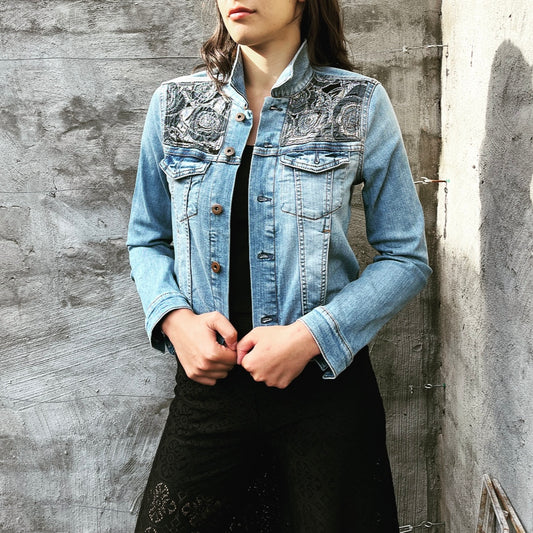 Upcycled denim jacket silver blue floral brocade sustainable fashion made in melbourne