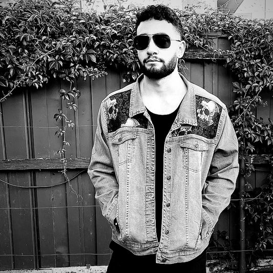 Upcycled mens denim jacket skulls and roses sustainable fashion made in melbourne