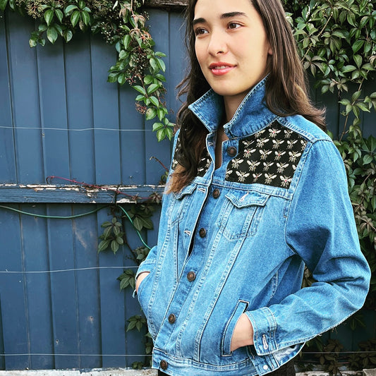 Upcycled denim jacket bees sustainable fashion made in melbourne