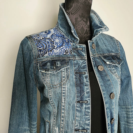 Upcycled denim jacket blue jacquard sustainable fashion made in melbourne