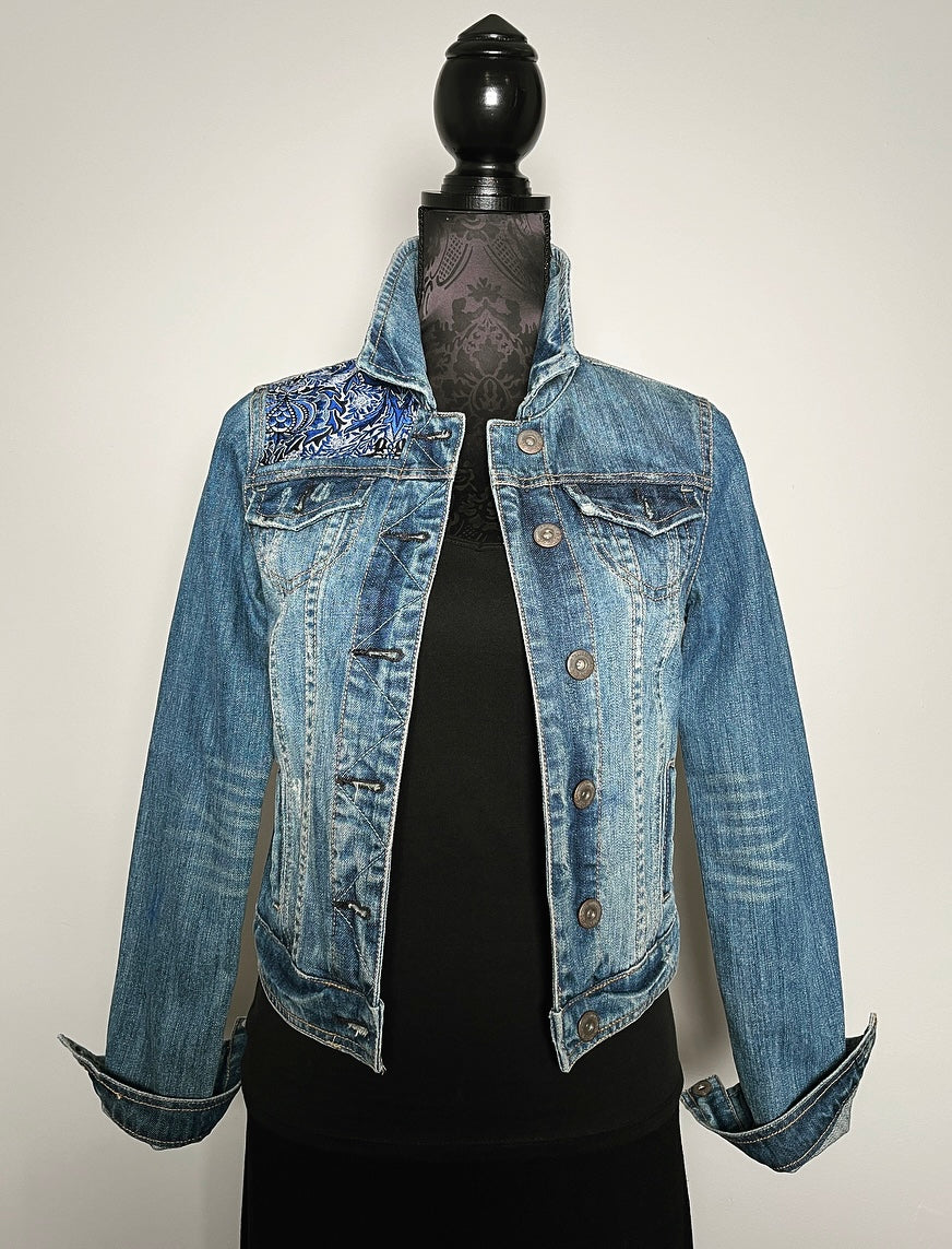 Upcycled denim jacket blue jacquard sustainable fashion made in melbourne