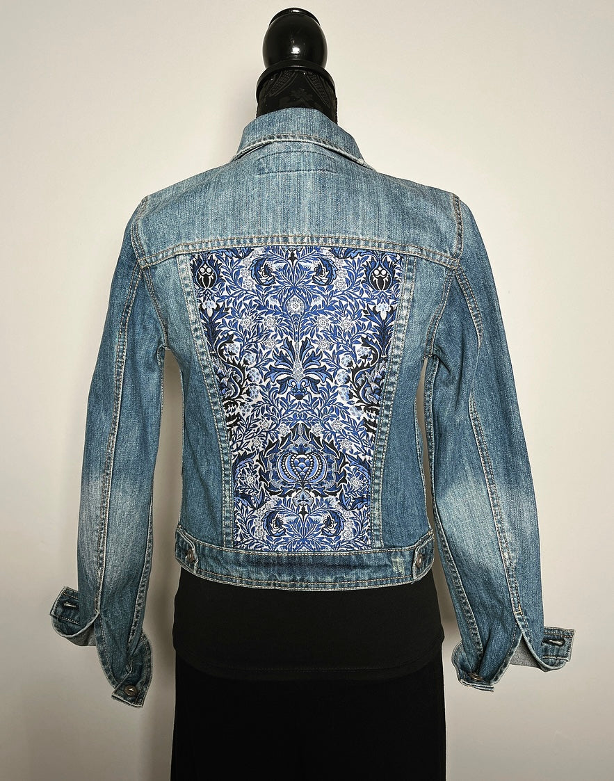 Upcycled denim jacket blue jacquard sustainable fashion made in melbourne