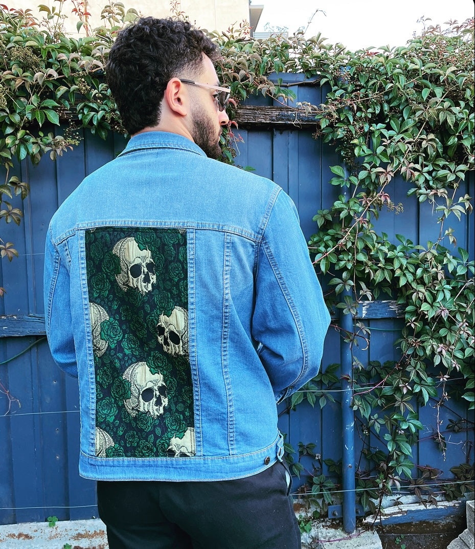 Upcycled mens denim jacket skulls and roses sustainable fashion made in melbourne