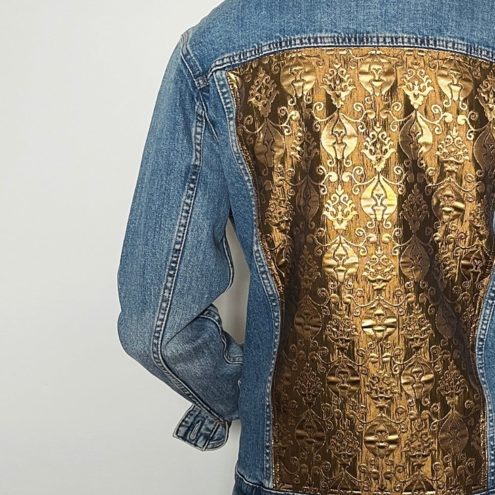 Upcycled denim jacket gold brocade sustainable fashion made in melbourne