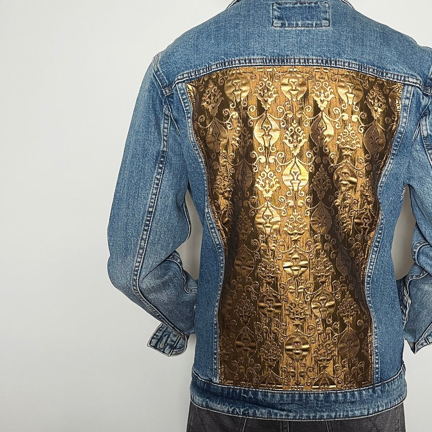 Upcycled denim jacket gold brocade sustainable fashion made in melbourne