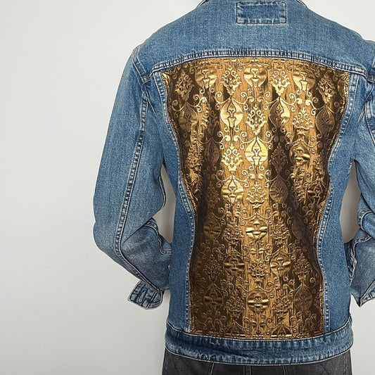Upcycled denim jacket gold brocade sustainable fashion made in melbourne