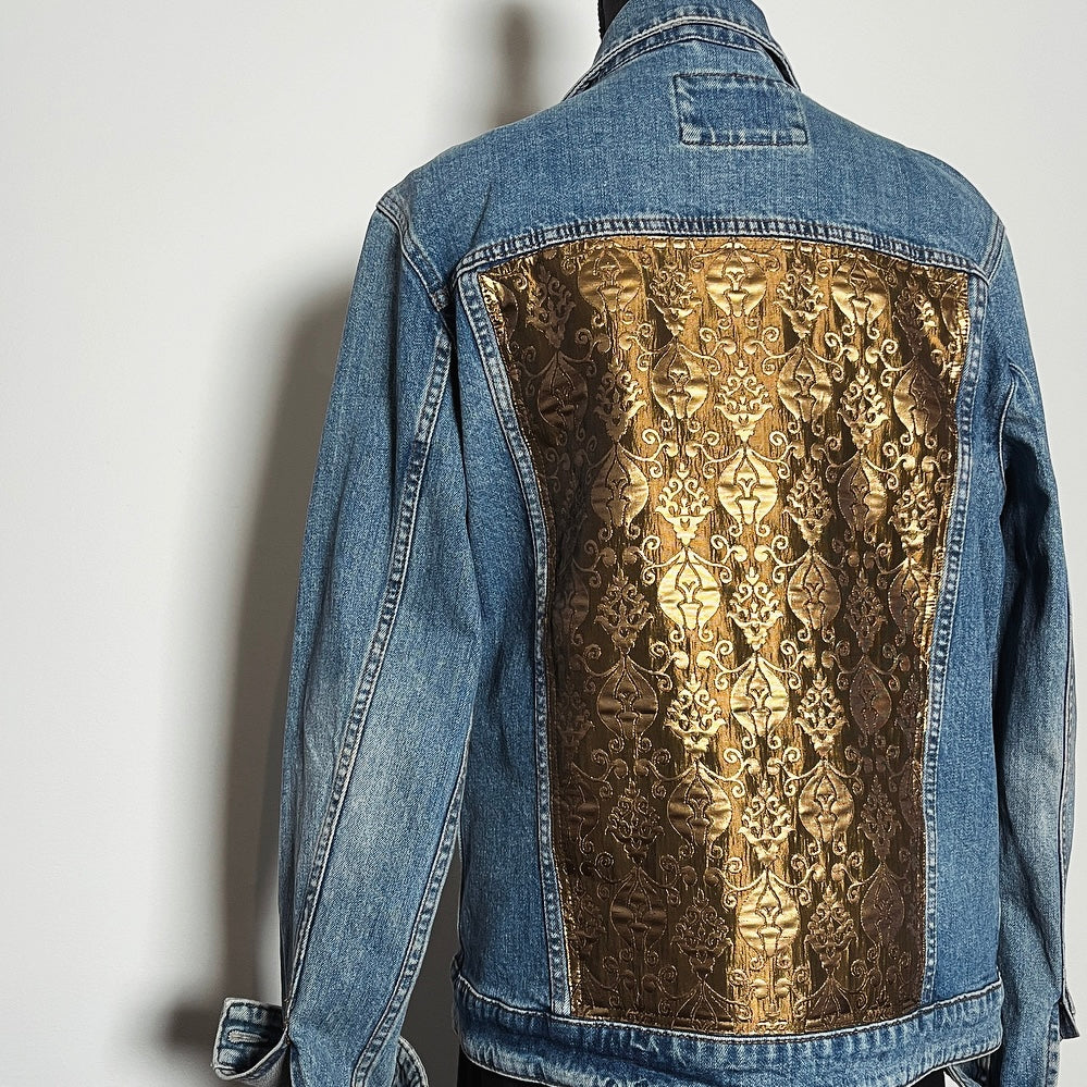 Upcycled denim jacket gold brocade sustainable fashion made in melbourne