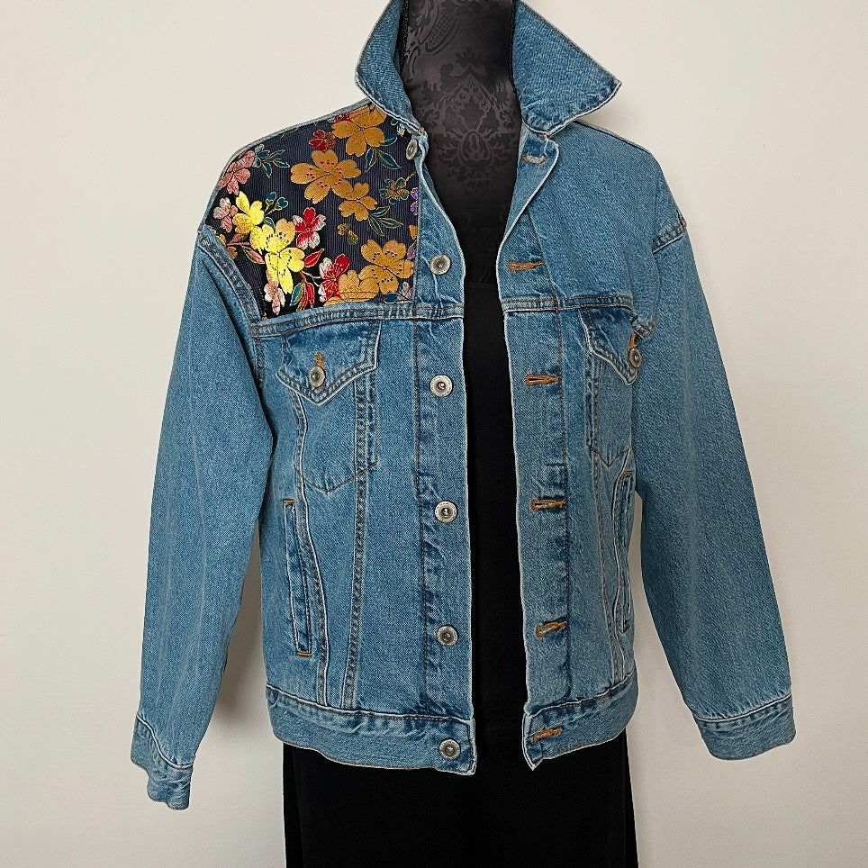Upcycled denim jacket japanese obi fabric gold floral brocade sustainable fashion made in melbourne