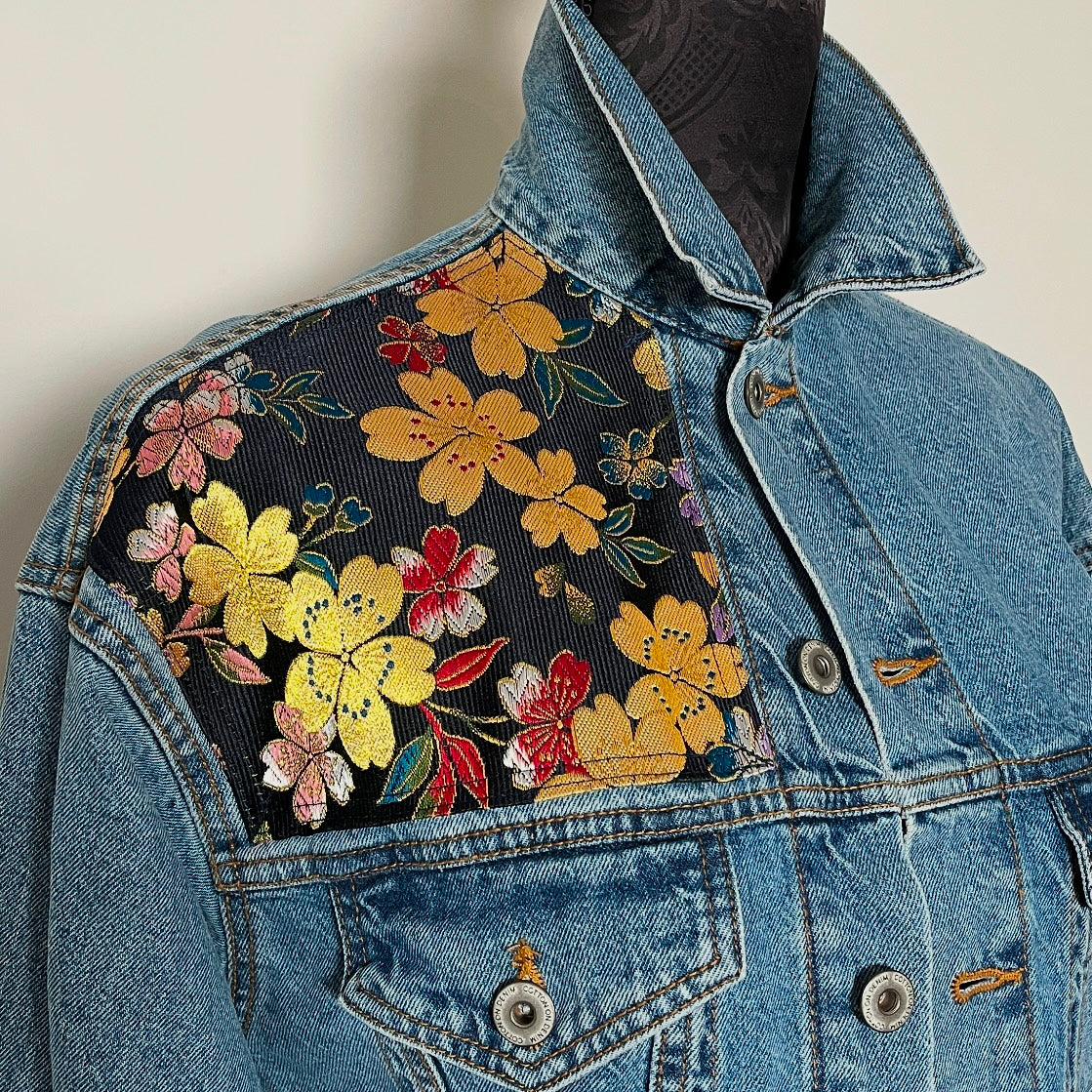 Upcycled denim jacket japanese obi fabric gold floral brocade sustainable fashion made in melbourne
