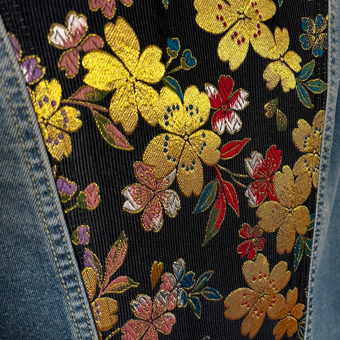Upcycled denim jacket japanese obi fabric gold floral brocade sustainable fashion made in melbourne