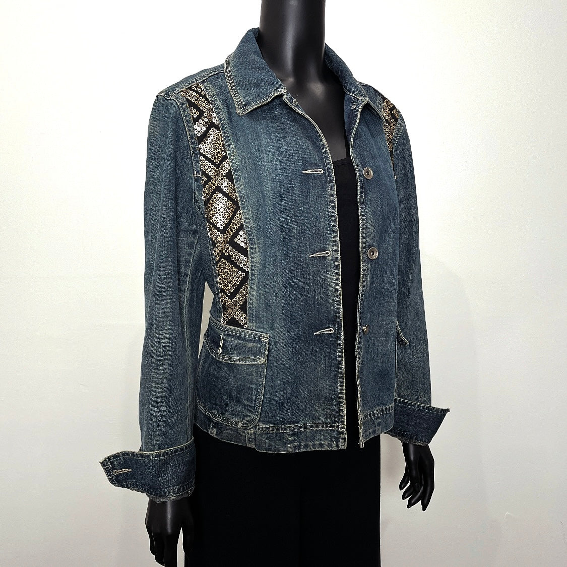 Upcycled denim jacket gold sequins sustainable fashion made in melbourne