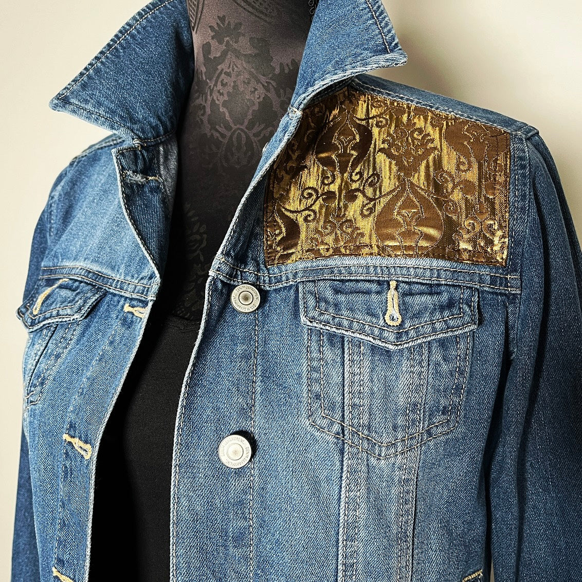Upcycled denim jacket gold brocade sustainable fashion made in melbourne