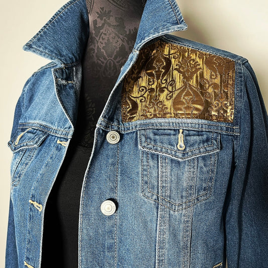 Upcycled denim jacket gold brocade sustainable fashion made in melbourne