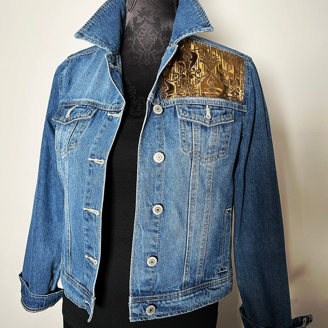 Upcycled denim jacket gold brocade sustainable fashion made in melbourne